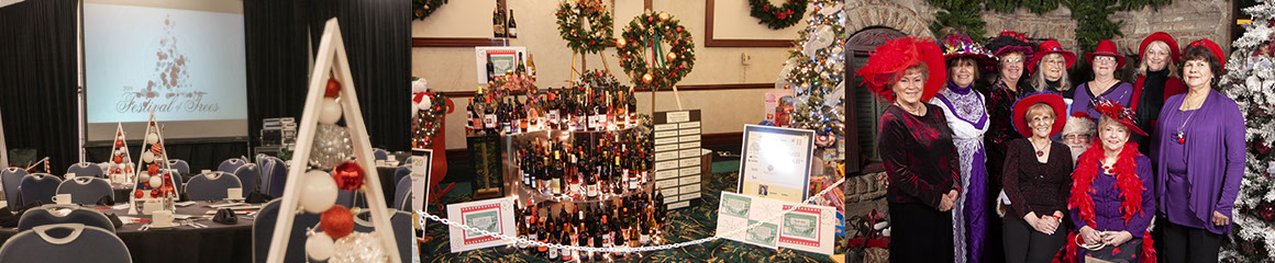 Tables set for festival, a tree made of wine bottles, a group of women dressed in purple with red hats
